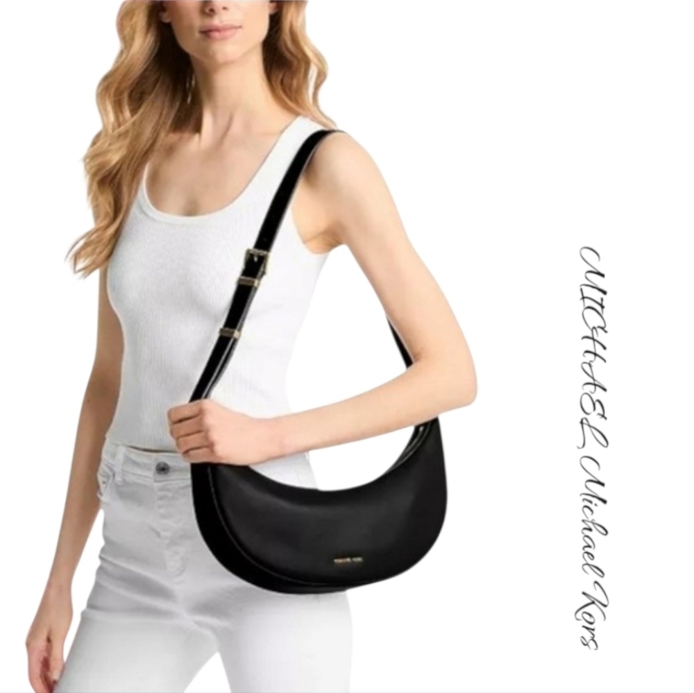 Michael Kors Avra Medium Black Leather Crescent Crossbody Shoulder Bag